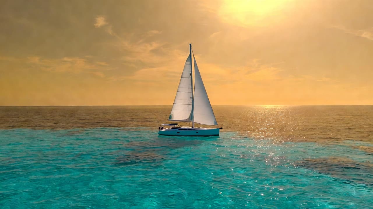 Sailing yacht at golden hour on calm turquoise water